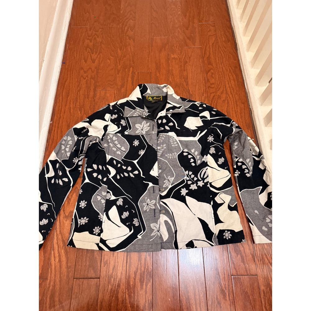 Vintage 90's-Y2K Mirasol Women Black White Abstract Floral Button Jacket Small